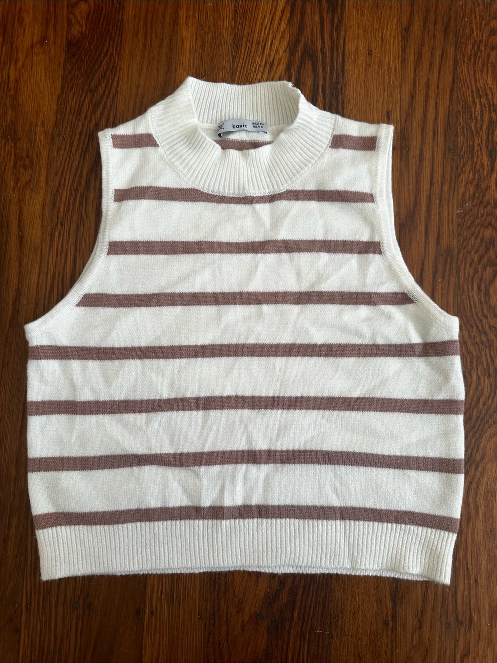 Cream and Mauve Striped Sleeveless Knit Sweater